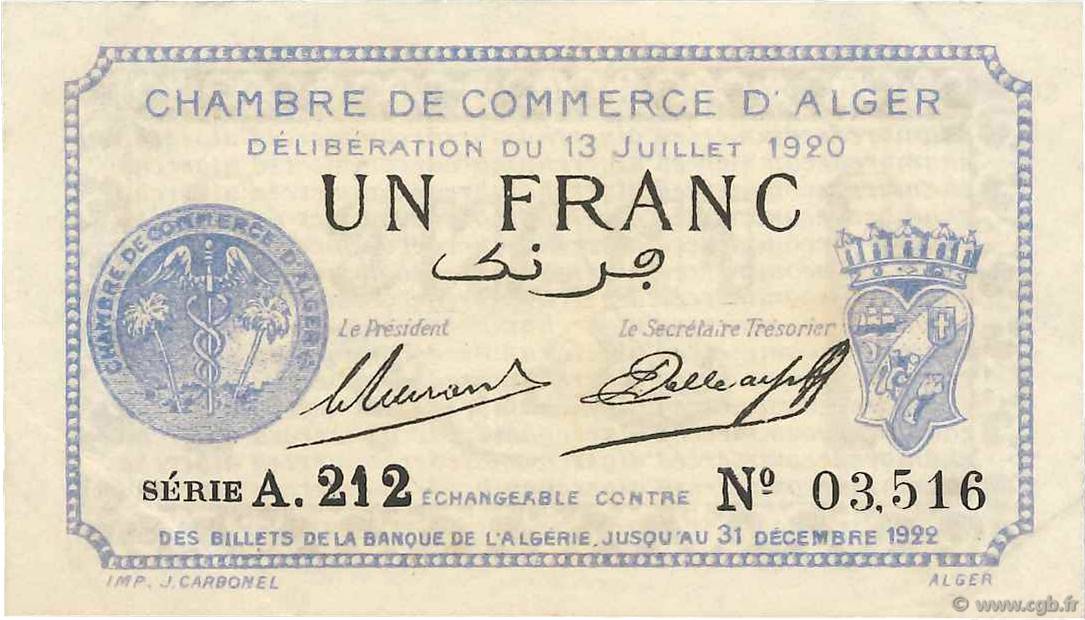 1 Franc FRANCE regionalismo y varios Alger 1920 JP.137.15 EBC
