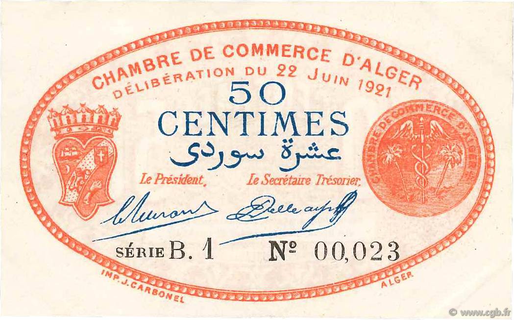 50 Centimes FRANCE regionalism and various Alger 1921 JP.137.19 XF