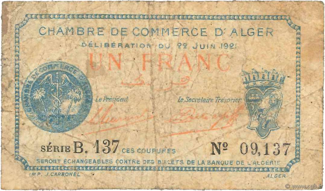 1 Franc FRANCE regionalismo e varie Alger 1921 JP.137.20 B