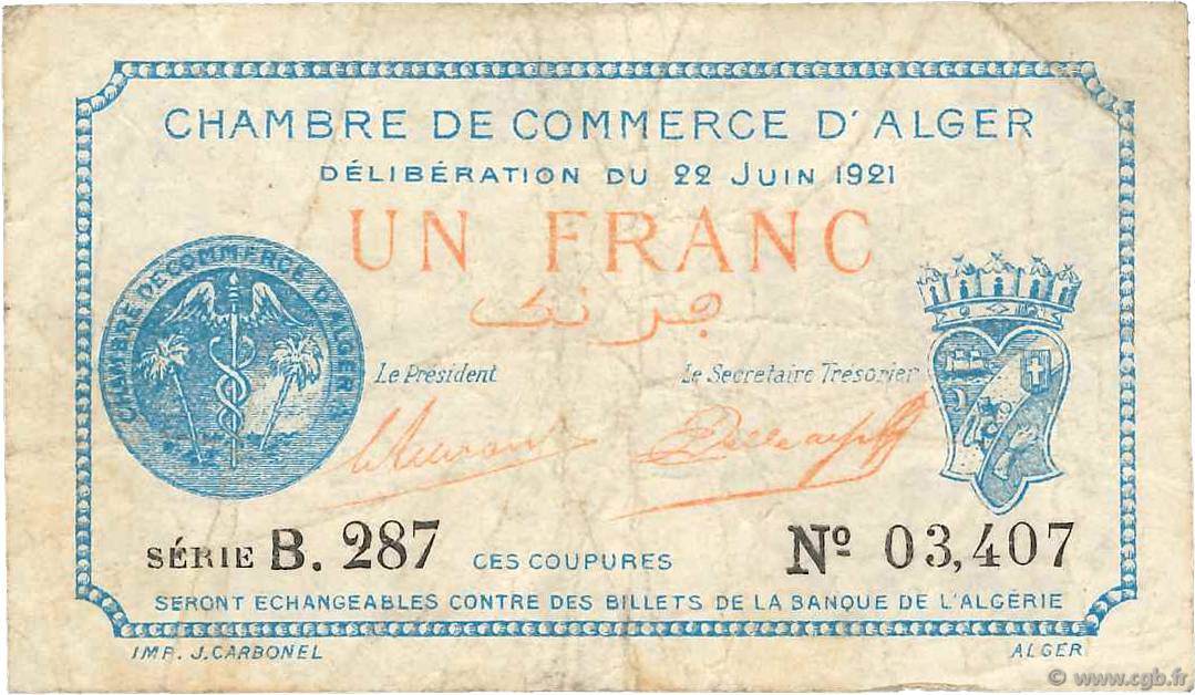 1 Franc FRANCE Regionalismus und verschiedenen Alger 1921 JP.137.20 fS