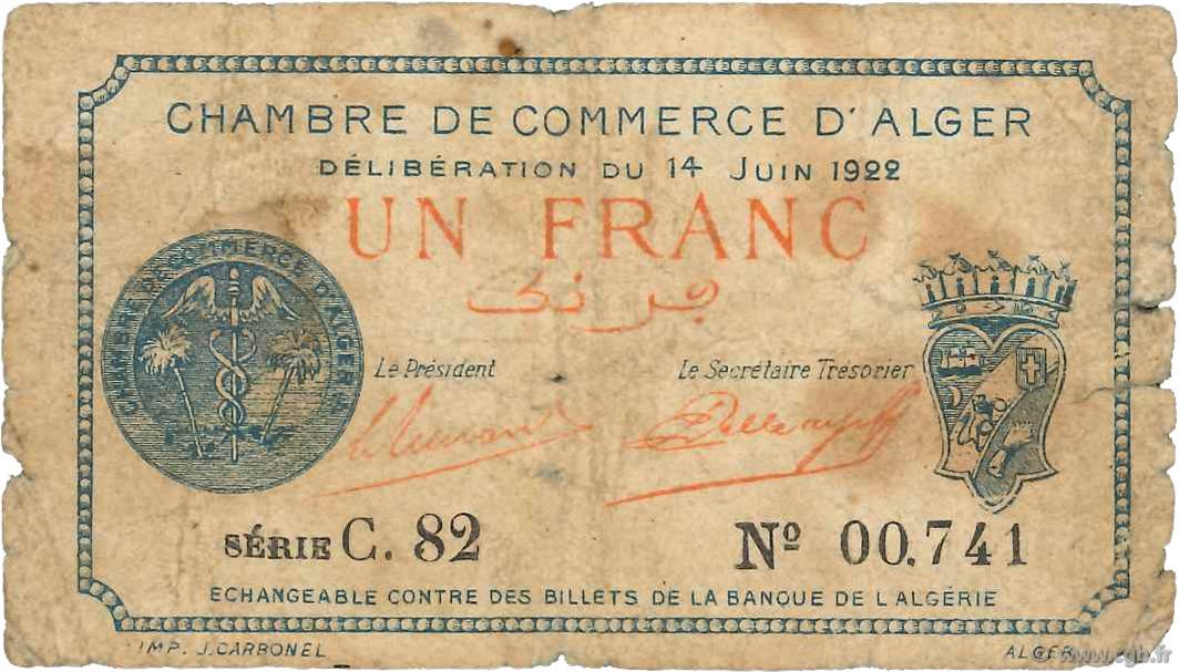 1 Franc FRANCE regionalism and miscellaneous Alger 1922 JP.137.24 G