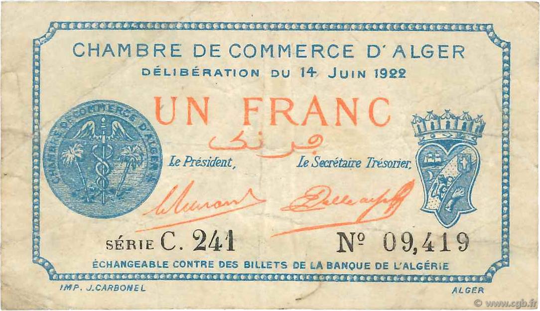 1 Franc FRANCE regionalismo y varios Alger 1922 JP.137.24 BC