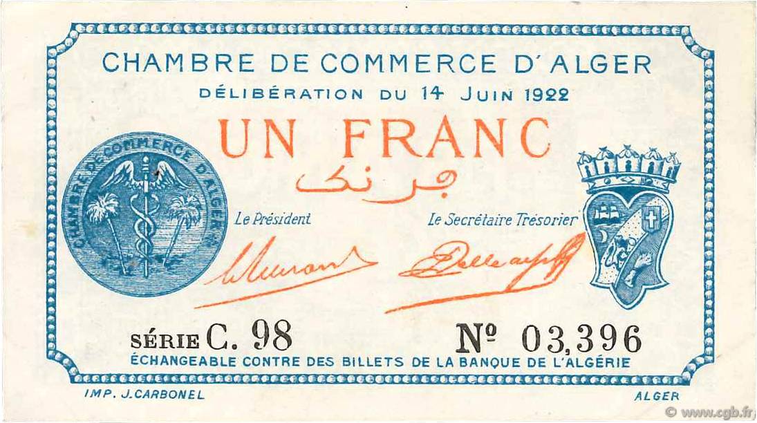 1 Franc FRANCE regionalism and miscellaneous Alger 1922 JP.137.24 XF-