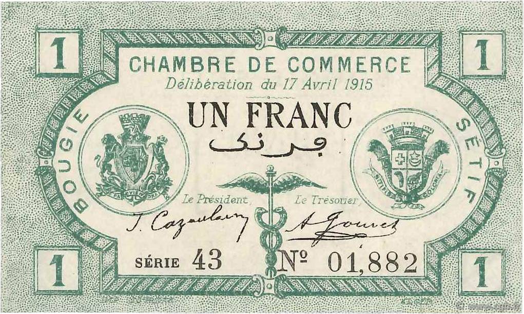 1 Franc FRANCE Regionalismus und verschiedenen Bougie, Sétif 1915 JP.139.02 VZ+
