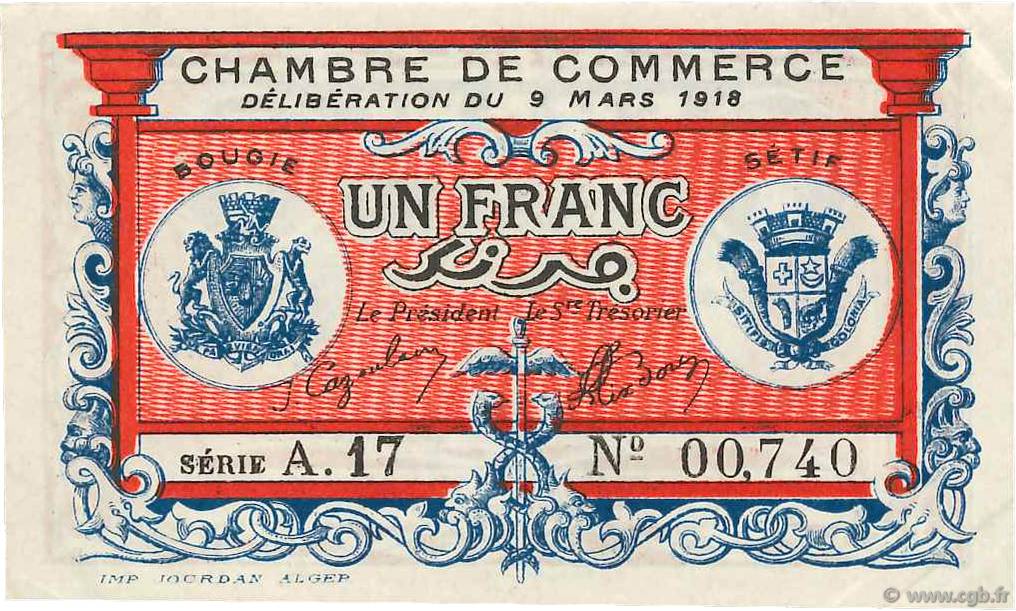 1 Franc FRANCE Regionalismus und verschiedenen Bougie, Sétif 1918 JP.139.06 VZ+