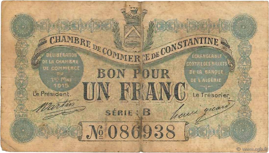 1 Franc FRANCE Regionalismus und verschiedenen Constantine 1915 JP.140.04 fS