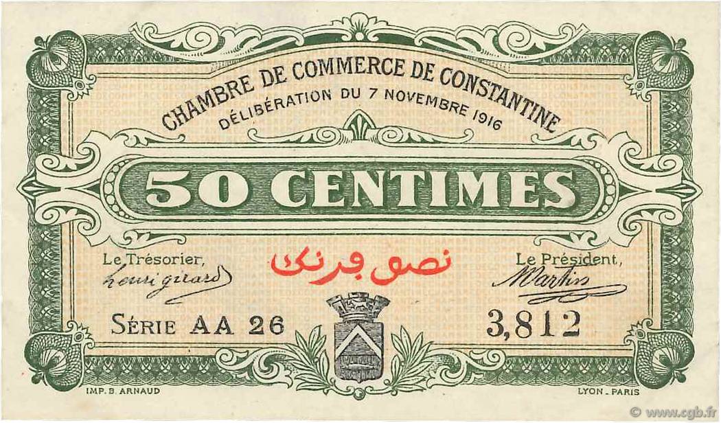 50 Centimes FRANCE regionalism and various Constantine 1916 JP.140.08 XF+