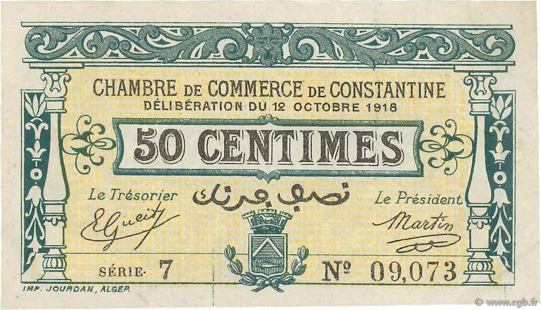 50 Centimes FRANCE Regionalismus und verschiedenen Constantine 1918 JP.140.17 VZ