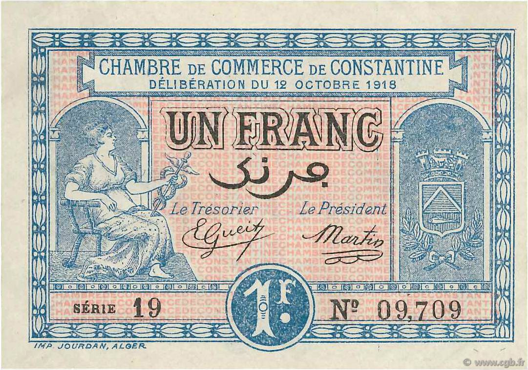 1 Franc FRANCE Regionalismus und verschiedenen Constantine 1918 JP.140.18 VZ