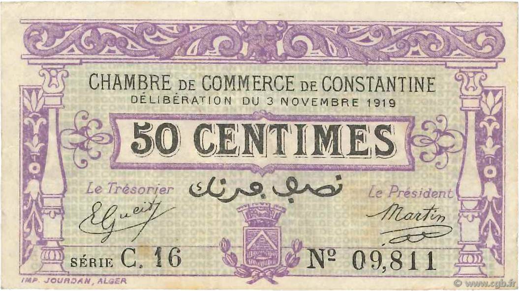 50 Centimes FRANCE regionalism and miscellaneous Constantine 1919 JP.140.21 VF-