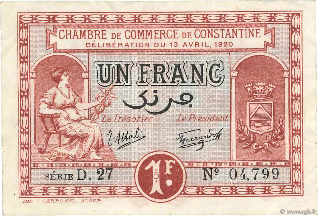 1 Franc FRANCE regionalism and various Constantine 1920 JP.140.24 VF-