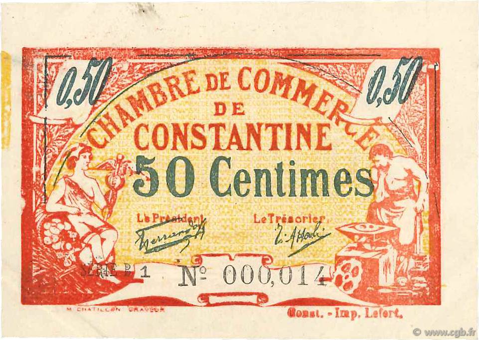 50 Centimes FRANCE regionalism and various Constantine 1921 JP.140.27 VF+