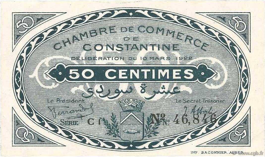 50 Centimes FRANCE regionalism and miscellaneous Constantine 1922 JP.140.36 XF+