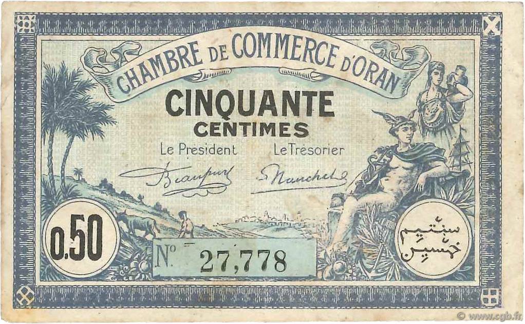 50 Centimes FRANCE regionalismo e varie Oran 1923 JP.141.38 MB