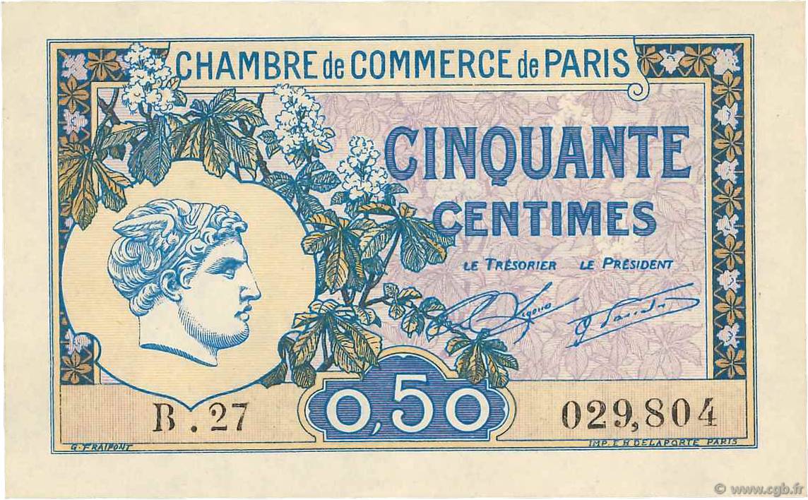 50 Centimes FRANCE Regionalismus und verschiedenen Paris 1920 JP.097.31 fST+