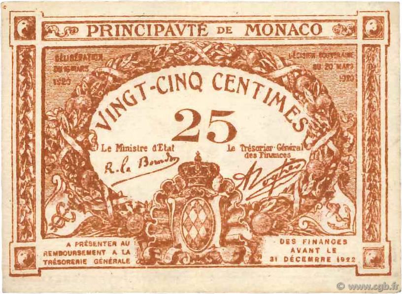 25 Centimes marron MONACO  1920 P.01a MBC