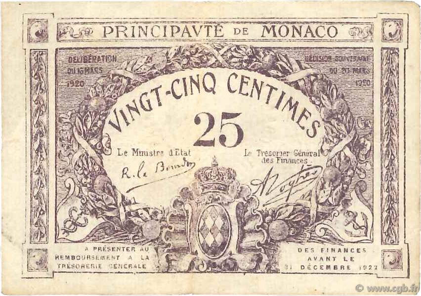 25 Centimes violet MONACO  1920 P.02c q.BB