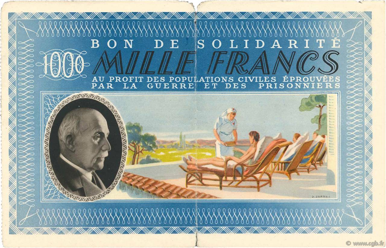 1000 Francs BON DE SOLIDARITÉ FRANCE regionalism and miscellaneous  1941 KL.12C1 F-