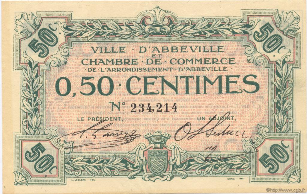 50 Centimes FRANCE regionalism and miscellaneous Abbeville 1920 JP.001.01 AU+