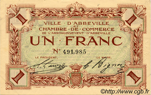 1 Franc FRANCE Regionalismus und verschiedenen Abbeville 1920 JP.001.03 SS to VZ