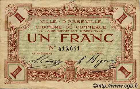 1 Franc FRANCE Regionalismus und verschiedenen Abbeville 1920 JP.001.03 S