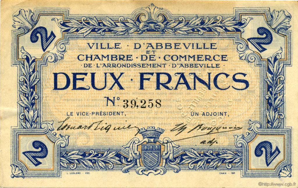 2 Francs FRANCE regionalism and miscellaneous Abbeville 1920 JP.001.05 VF - XF