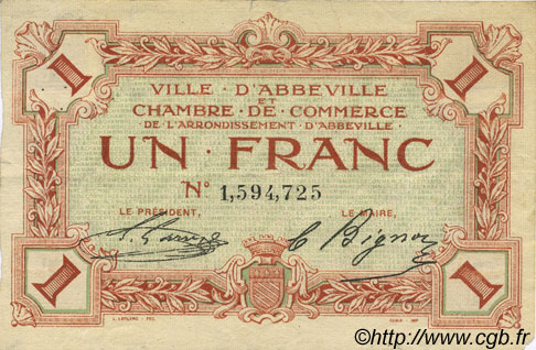 1 Franc FRANCE regionalism and miscellaneous Abbeville 1920 JP.001.09 F