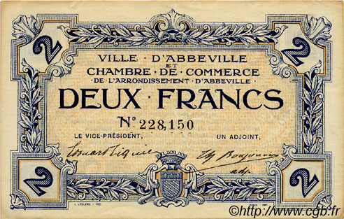 2 Francs FRANCE regionalismo e varie Abbeville 1920 JP.001.11 BB to SPL