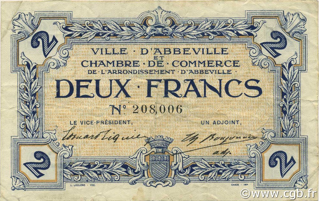 2 Francs FRANCE régionalisme et divers Abbeville 1920 JP.001.11 TB