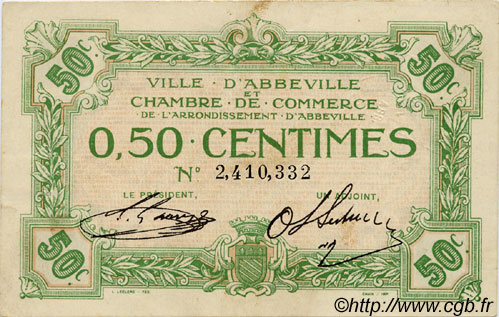 50 Centimes FRANCE regionalismo e varie Abbeville 1920 JP.001.13 BB to SPL