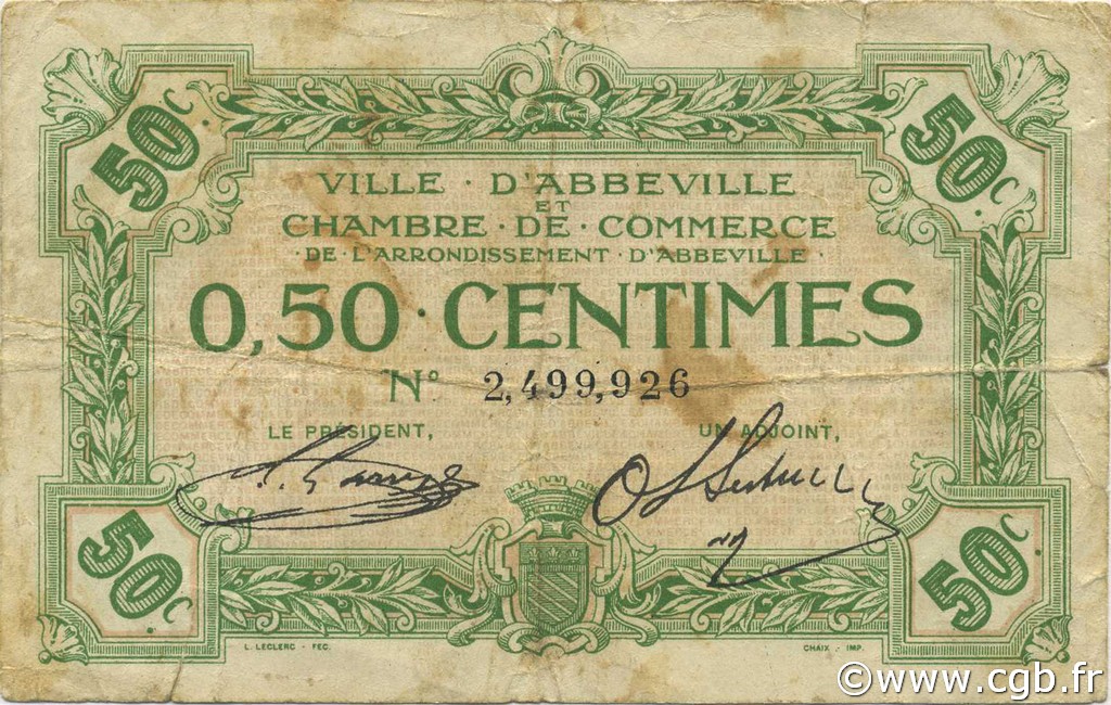50 Centimes FRANCE regionalismo y varios Abbeville 1920 JP.001.19 BC