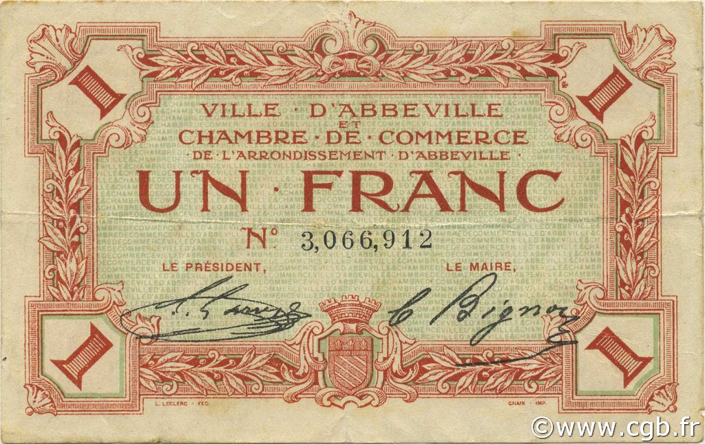 1 Franc FRANCE regionalismo y varios Abbeville 1920 JP.001.20 BC