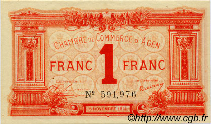 1 Franc FRANCE regionalism and miscellaneous Agen 1914 JP.002.03 AU+