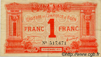 1 Franc FRANCE regionalismo y varios Agen 1914 JP.002.03 BC