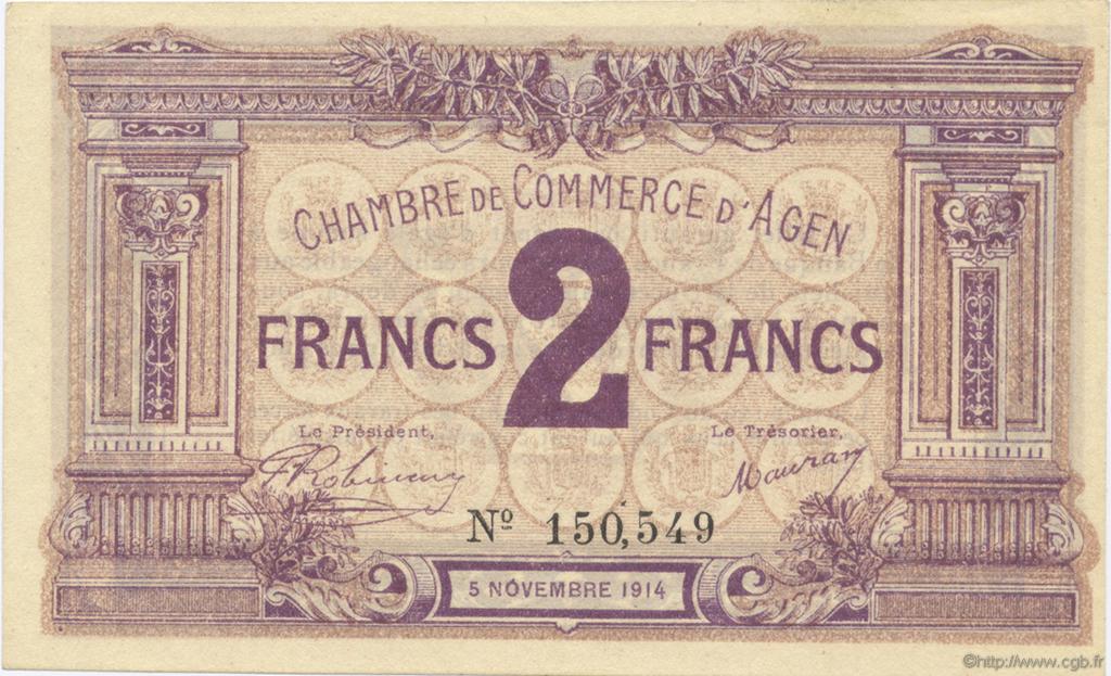 2 Francs FRANCE regionalismo y varios Agen 1914 JP.002.05 SC a FDC