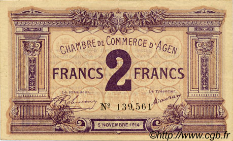 2 Francs FRANCE regionalism and miscellaneous Agen 1914 JP.002.05 VF - XF