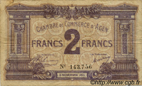 2 Francs FRANCE regionalism and miscellaneous Agen 1914 JP.002.05 F