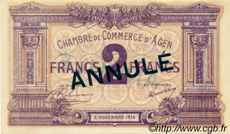 2 Francs Annulé FRANCE regionalism and miscellaneous Agen 1914 JP.002.06 AU+