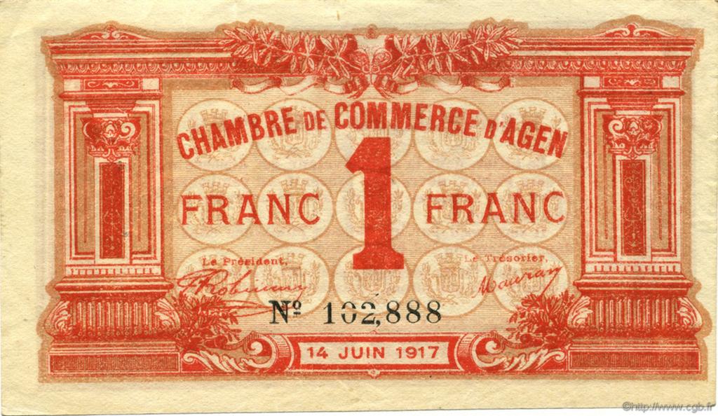 1 Franc FRANCE regionalism and miscellaneous Agen 1917 JP.002.09 AU+