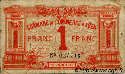 1 Franc FRANCE regionalism and miscellaneous Agen 1917 JP.002.09 F