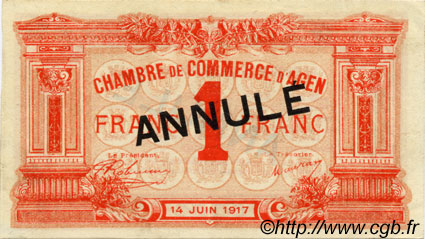 1 Franc Annulé FRANCE regionalism and miscellaneous Agen 1917 JP.002.10 AU+