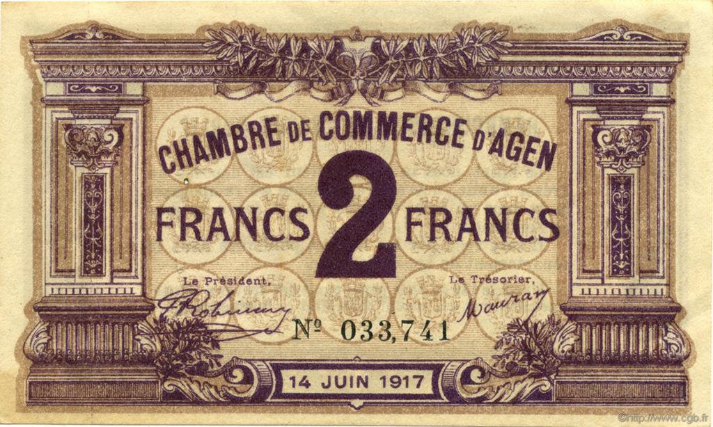 2 Francs FRANCE regionalism and miscellaneous Agen 1917 JP.002.11 VF - XF