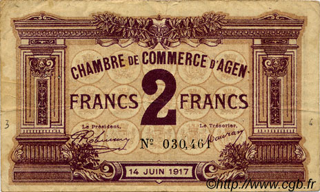 2 Francs FRANCE régionalisme et divers Agen 1917 JP.002.11 TB