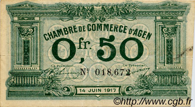 50 Centimes FRANCE regionalismo y varios Agen 1917 JP.002.13 MBC a EBC