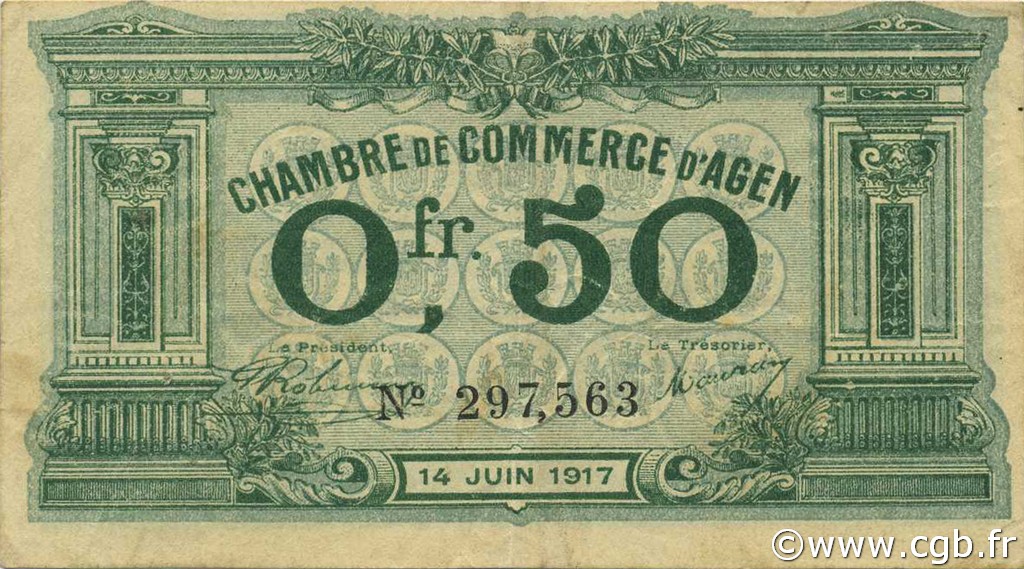 50 Centimes FRANCE regionalism and miscellaneous Agen 1917 JP.002.13 F