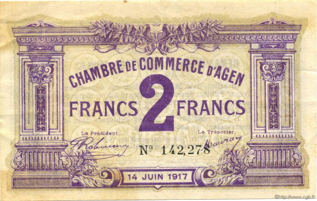 2 Francs FRANCE regionalism and miscellaneous Agen 1917 JP.002.15 VF - XF