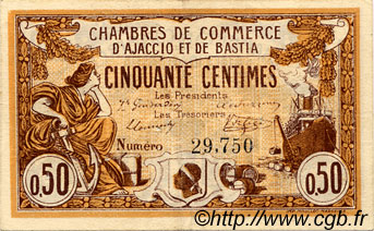 50 Centimes FRANCE regionalism and miscellaneous Ajaccio et Bastia 1915 JP.003.01 VF - XF
