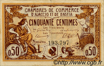 50 Centimes FRANCE regionalism and various Ajaccio et Bastia 1915 JP.003.01 F