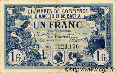 1 Franc FRANCE Regionalismus und verschiedenen Ajaccio et Bastia 1915 JP.003.02 SS to VZ