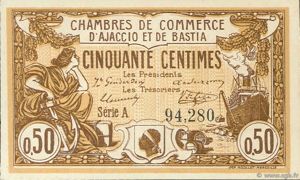 50 Centimes FRANCE regionalism and various Ajaccio et Bastia 1915 JP.003.03 AU+